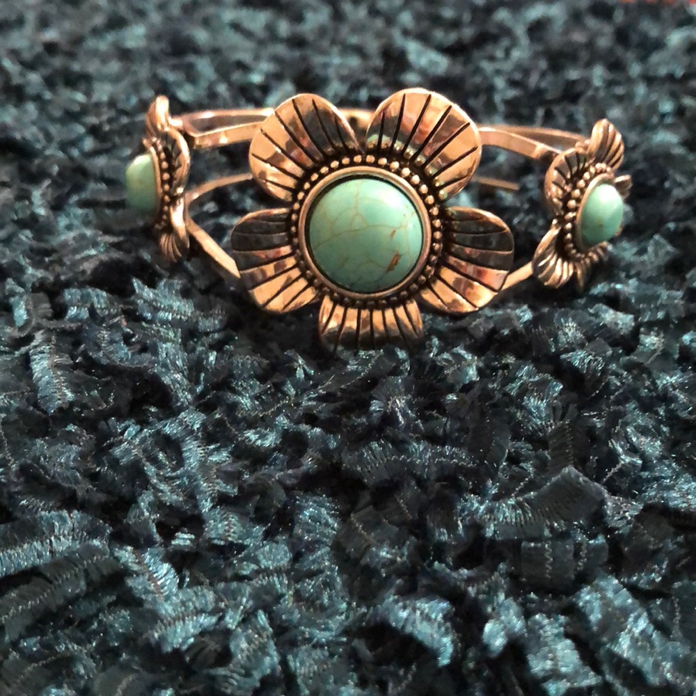 Silver and turquoise flower cuff